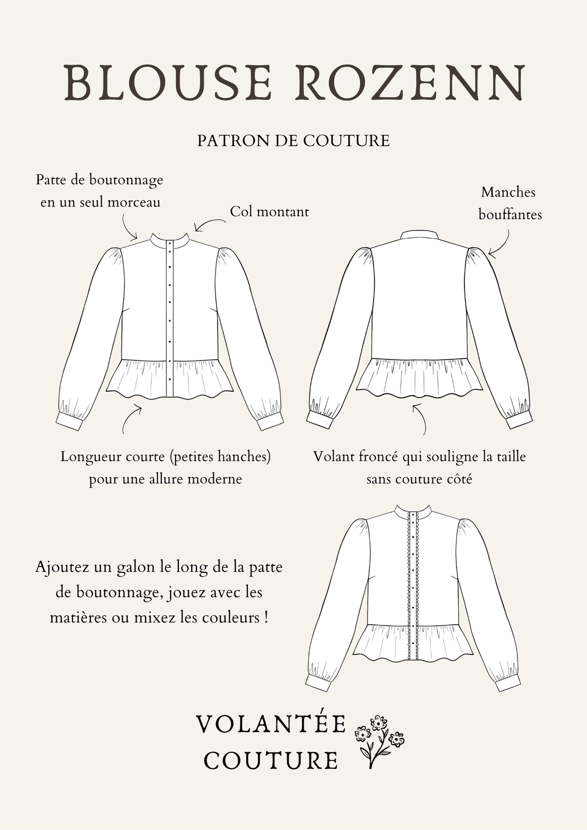 Présentation du patron de couture blouse femme Rozenn - Volantée Couture